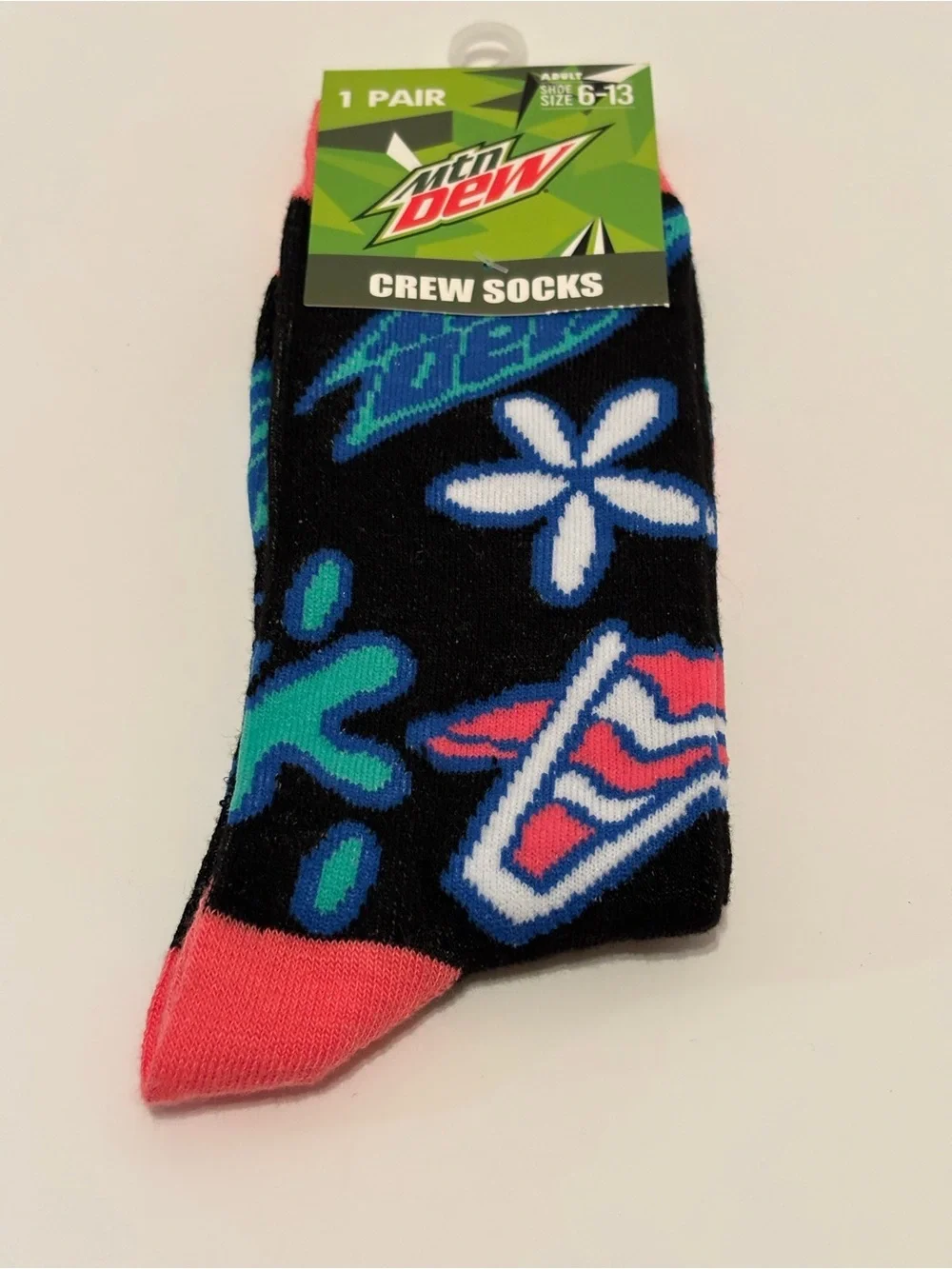 New Mountain Dew Soda Adult Size 6-13 Black Blue Graphic Novelty Crew Socks